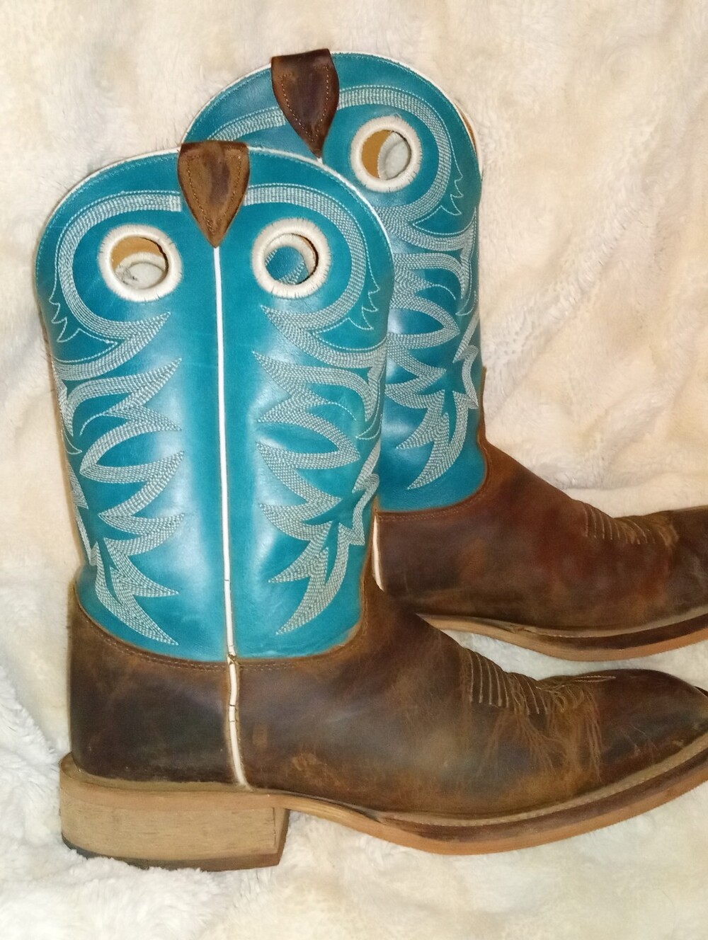 Justin Boots Two-Tone Turquoise and Brown Western Pull-On Boots